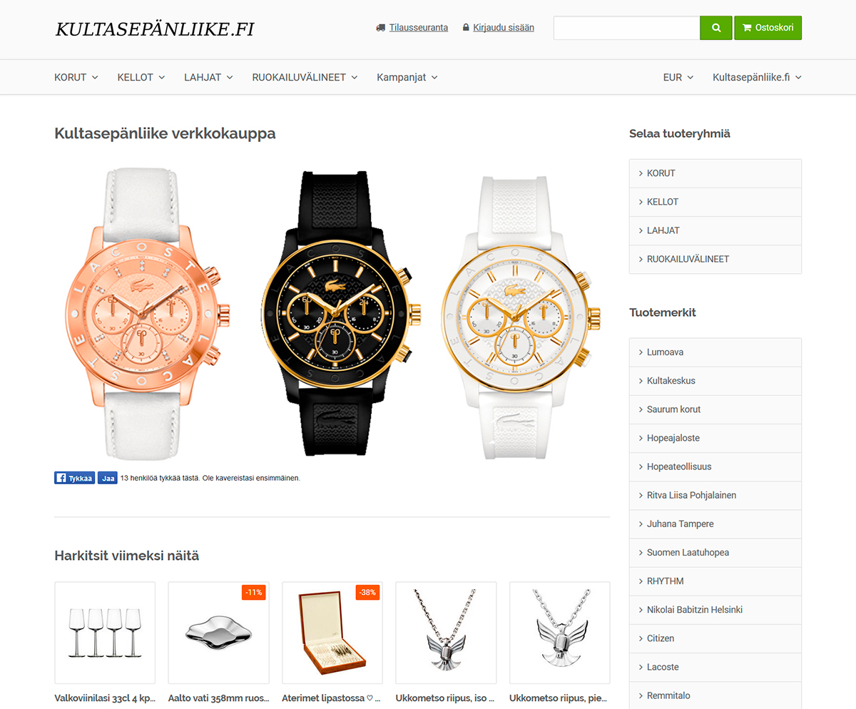 Kultasepänliike.fi verkkokaupasta kattava valikoima kultasepänalan tuotteita. Koruja, kelloja, lahjoja, kummilusikat, ruokailuvälineitä ja astioita. Lumoava, Juhana Tampere, Nikolai Babitzin Helsinki, Saurum korut, Chippendale, Romantiikka, Musla, TalonpoikaisRokokoo, Tornionjokilaakso, Lacoste, Citizen, Rhythm, Kultakeskus, Iittala, Hackman, Fiskars, Moomin...